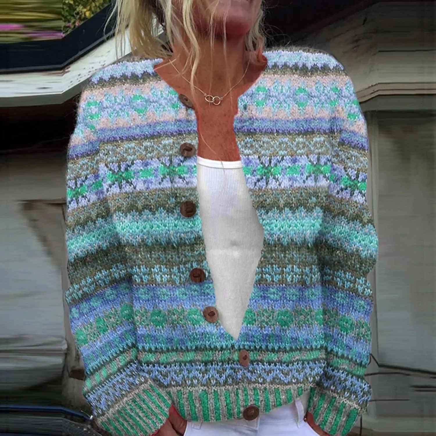 Women's Knitted Fair Isle Print Retro Sweater Vintage Knitted Sweater Casual Fair Isle Knit Cardigan Sweater Tops