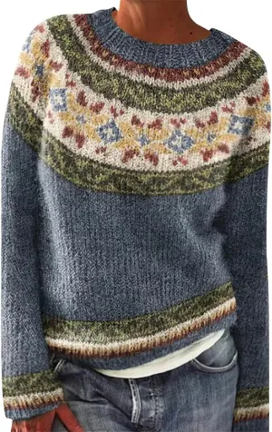 Women's Knitted Fair Isle Print Retro Sweater Women's Knitted Isle Print Retro Sweater Casual Loose Crewneck Long