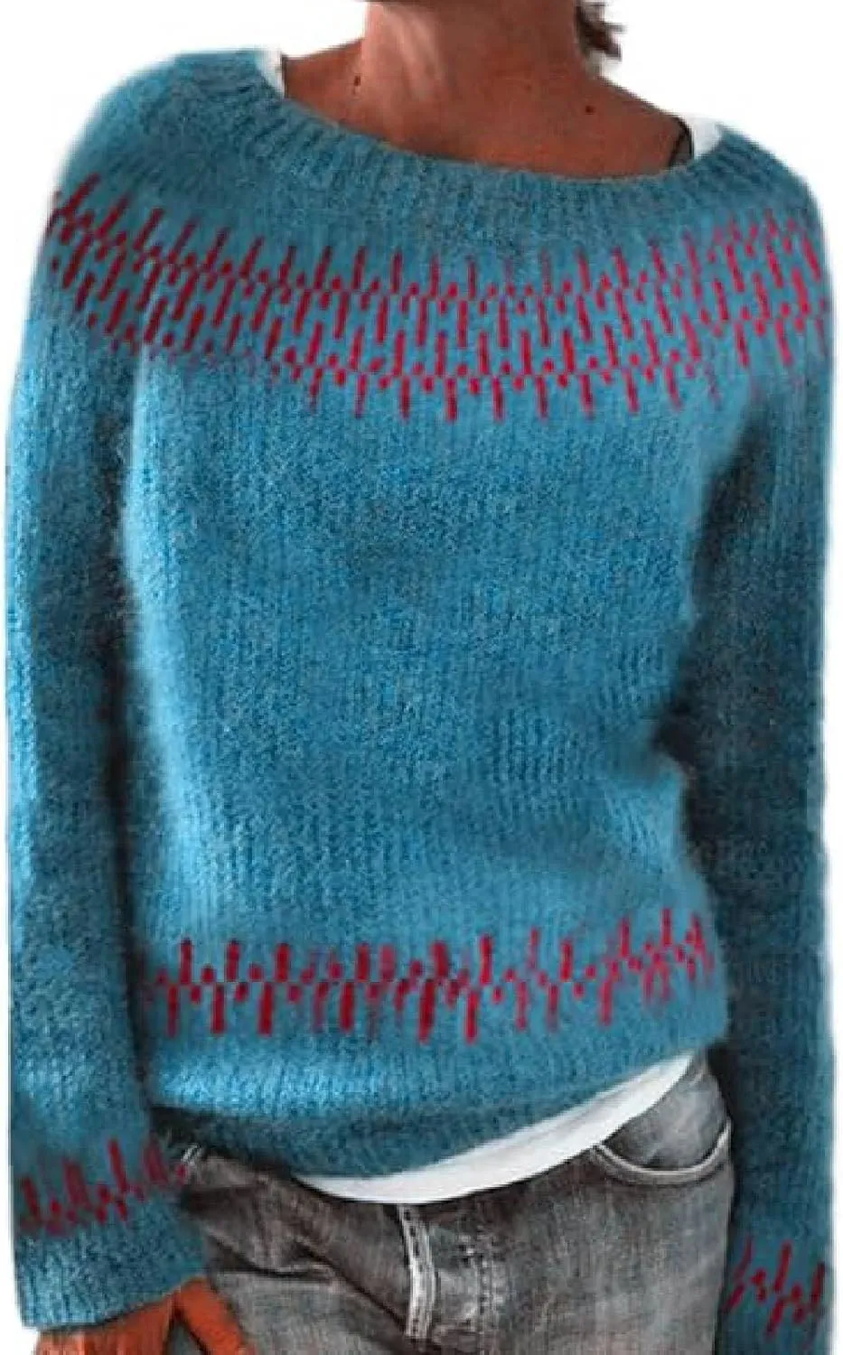 Women's Knitted Fair Isle Print Retro Sweater Women's Knitted Isle Print Retro Sweater Casual Loose Crewneck Long