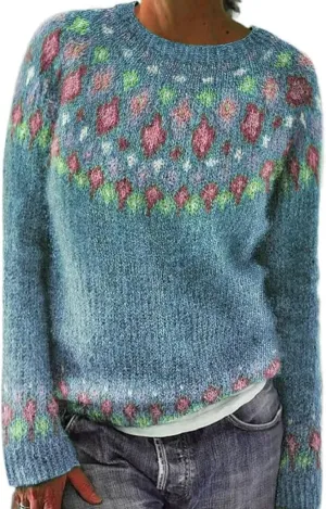 Women's Knitted Fair Isle Print Retro Sweater Women's Knitted Isle Print Retro Sweater Casual Loose Crewneck Long
