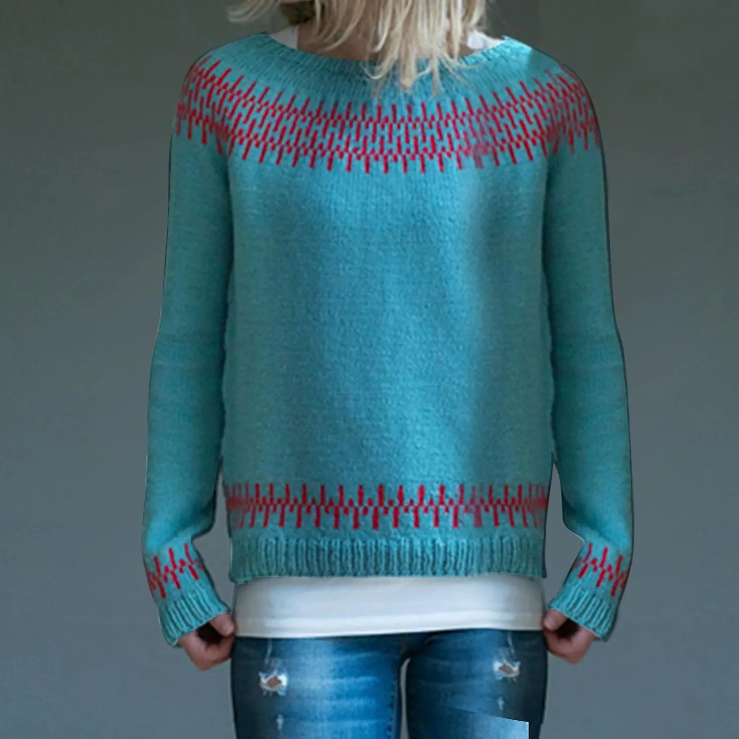 Women's Knitted Fair Isle Print Retro Sweater Women's Knitted Isle Print Retro Sweater Casual Loose Crewneck Long