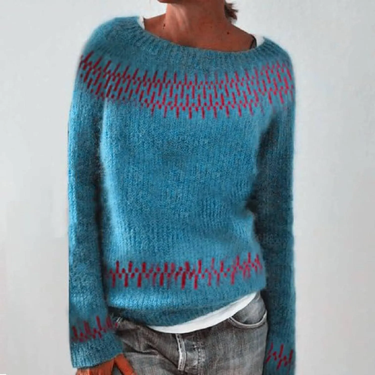 Women's Knitted Fair Isle Print Retro Sweater Women's Knitted Isle Print Retro Sweater Casual Loose Crewneck Long