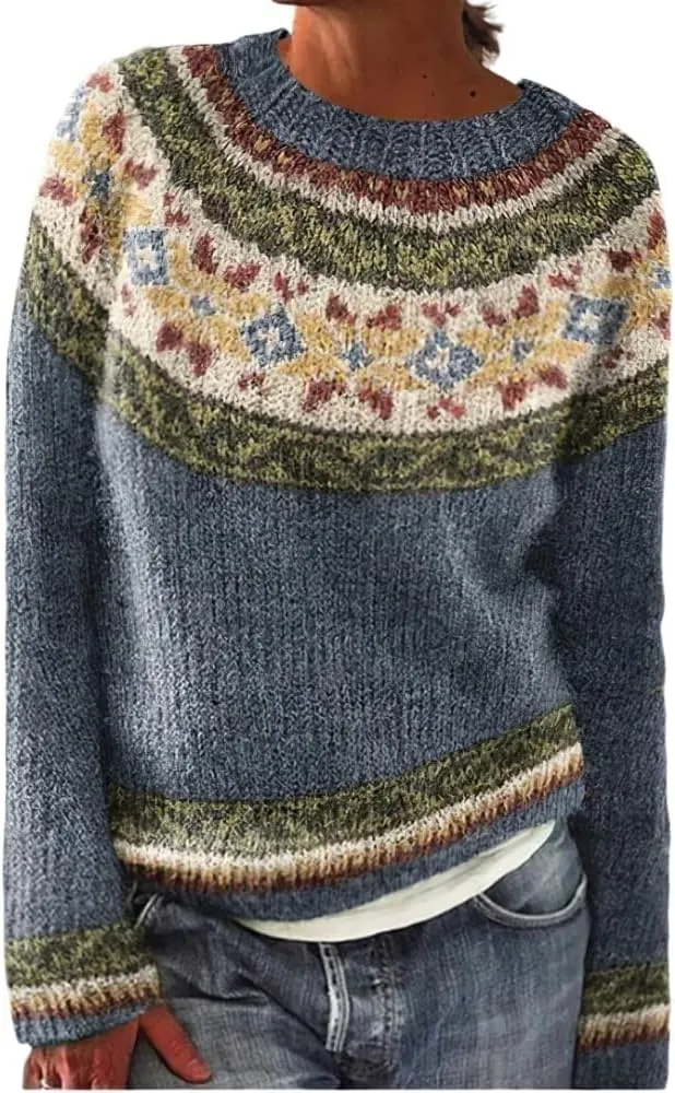 Women's Knitted Fair Isle Print Retro Sweater Women's Knitted Isle Print Retro Sweater Casual Loose Crewneck Long