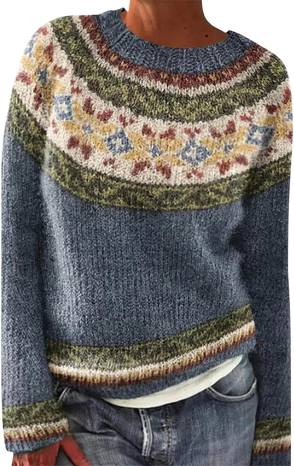 Women's Knitted Fair Isle Print Retro Sweater Women's Knitted Isle Print Retro Sweater Casual Loose Crewneck Long
