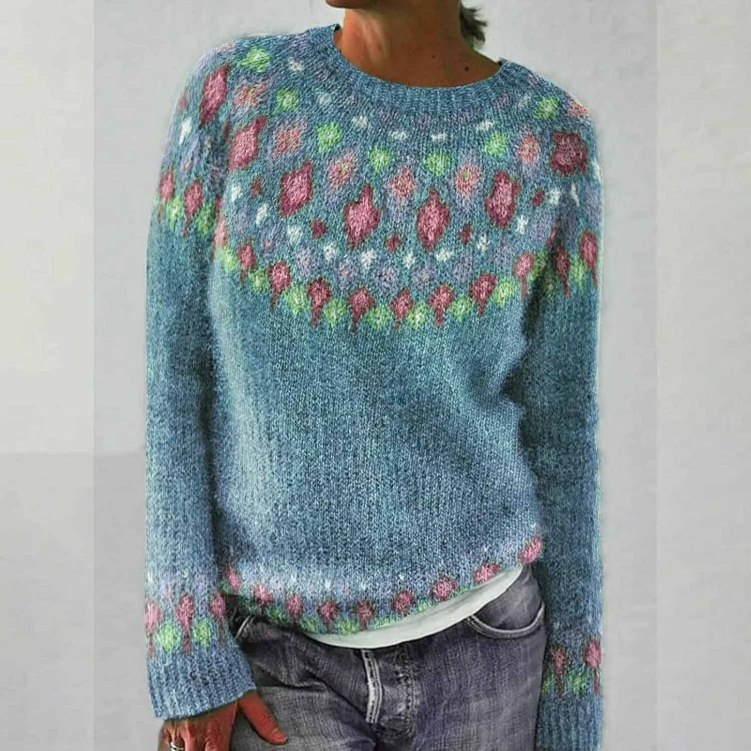Women's Knitted Fair Isle Print Retro Sweater Women's Knitted Isle Print Retro Sweater Casual Loose Crewneck Long