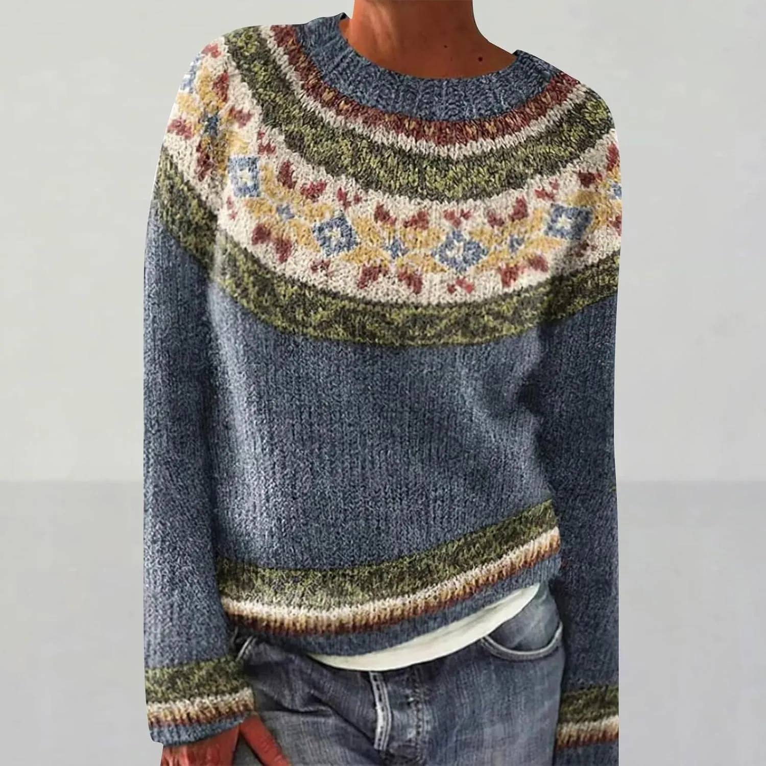 Women's Knitted Fair Isle Print Retro Sweater Women's Knitted Isle Print Retro Sweater Casual Loose Crewneck Long