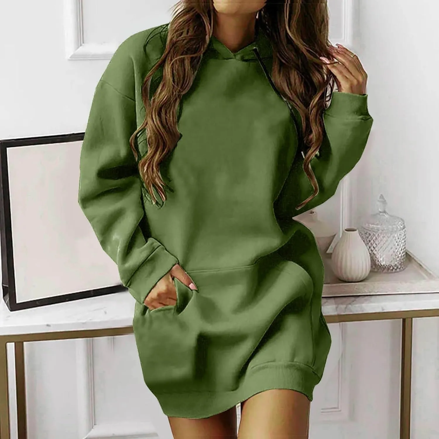 Women's Long-Sleeve Hooded Mini Sweatshirt Dress Oversized Sweatshirts with Pocket Hoodies Pullover Fall Outfits 2024