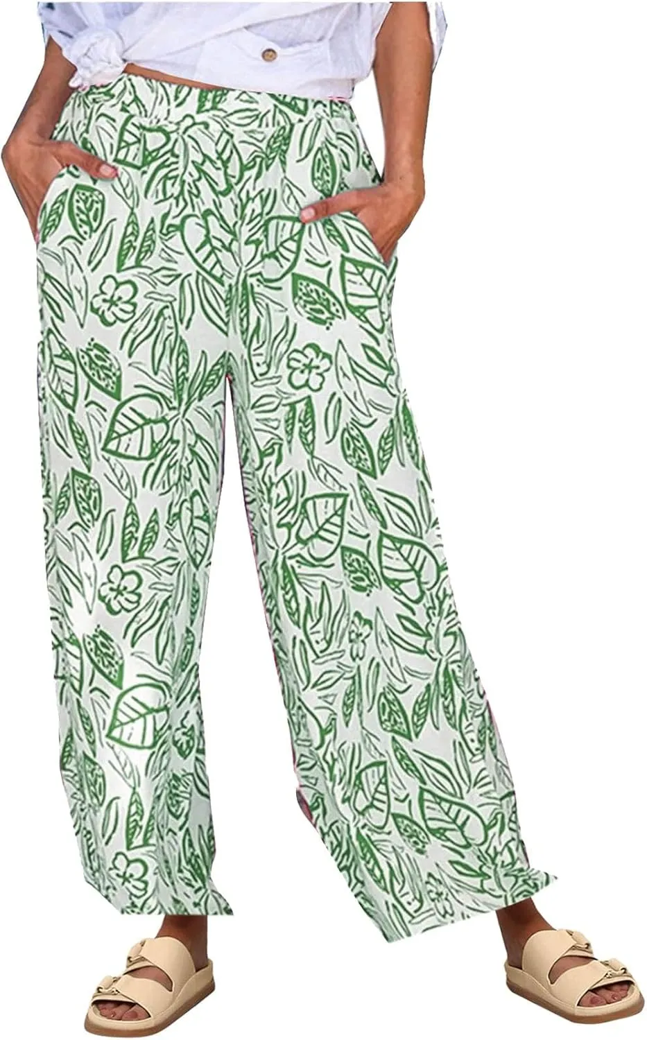 Women's Loose Capris Pants Lightweight Flowy Travel Pants with Pockets Vintage Print Casual Elastic Waist Pants