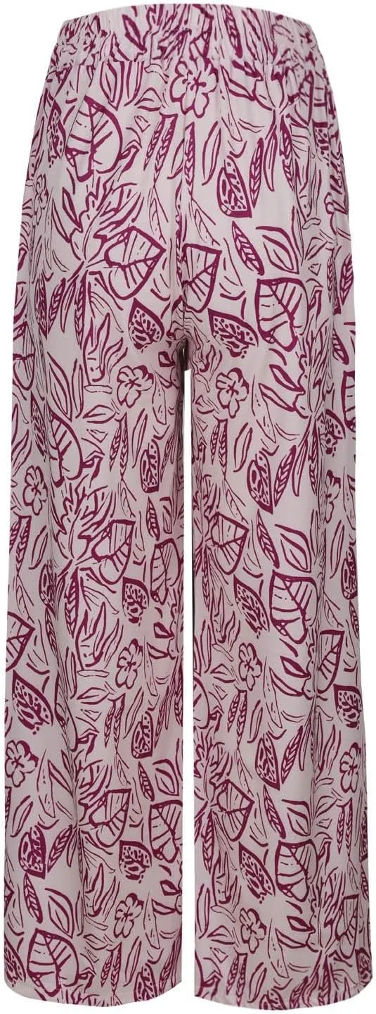 Women's Loose Capris Pants Lightweight Flowy Travel Pants with Pockets Vintage Print Casual Elastic Waist Pants