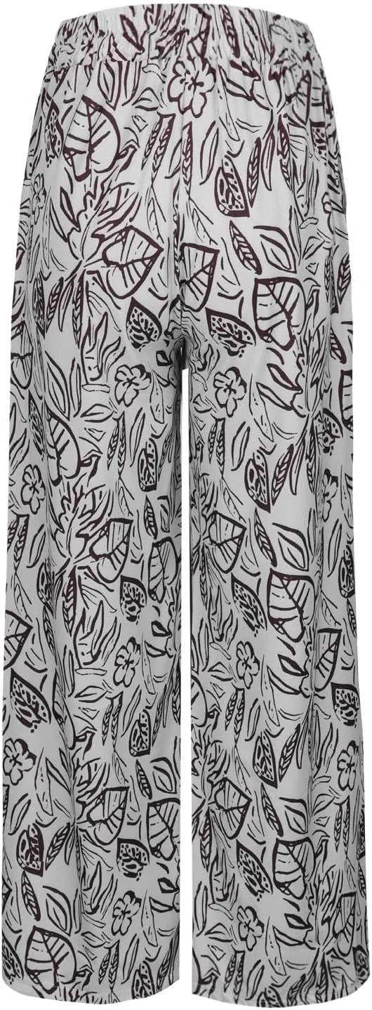 Women's Loose Capris Pants Lightweight Flowy Travel Pants with Pockets Vintage Print Casual Elastic Waist Pants