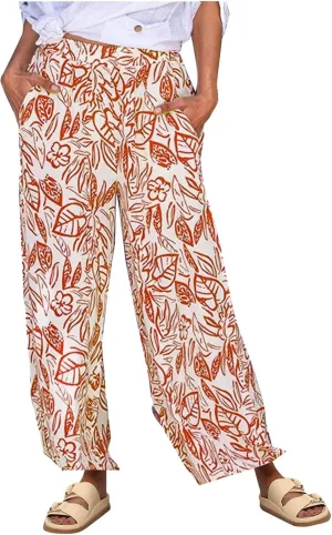 Women's Loose Capris Pants Lightweight Flowy Travel Pants with Pockets Vintage Print Casual Elastic Waist Pants