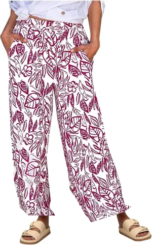 Women's Loose Capris Pants Lightweight Flowy Travel Pants with Pockets Vintage Print Casual Elastic Waist Pants