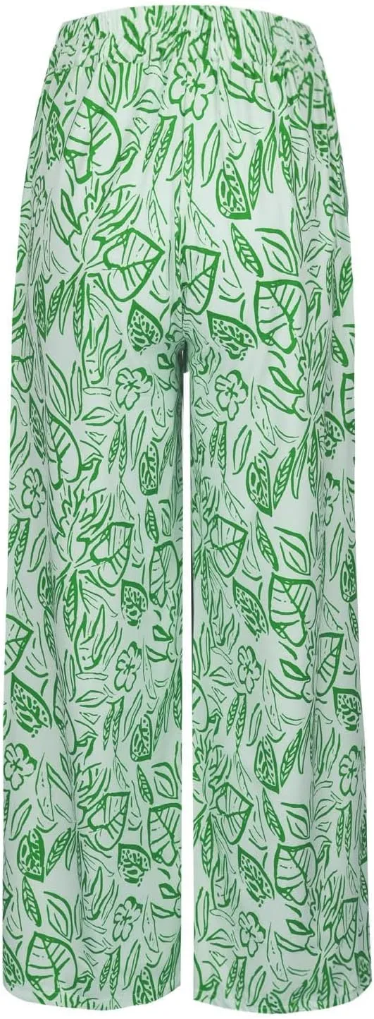 Women's Loose Capris Pants Lightweight Flowy Travel Pants with Pockets Vintage Print Casual Elastic Waist Pants