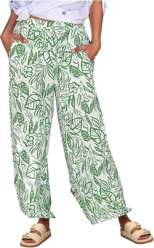 Women's Loose Capris Pants Lightweight Flowy Travel Pants with Pockets Vintage Print Casual Elastic Waist Pants