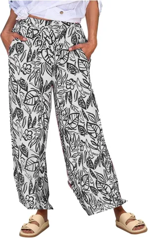 Women's Loose Capris Pants Lightweight Flowy Travel Pants with Pockets Vintage Print Casual Elastic Waist Pants