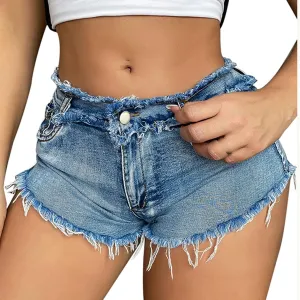 Women's Low Rise Denim Shorts Sexy Cut Off Mini Hot Pants Lace Up Frayed Cheeky Booty Shorts Clubwear