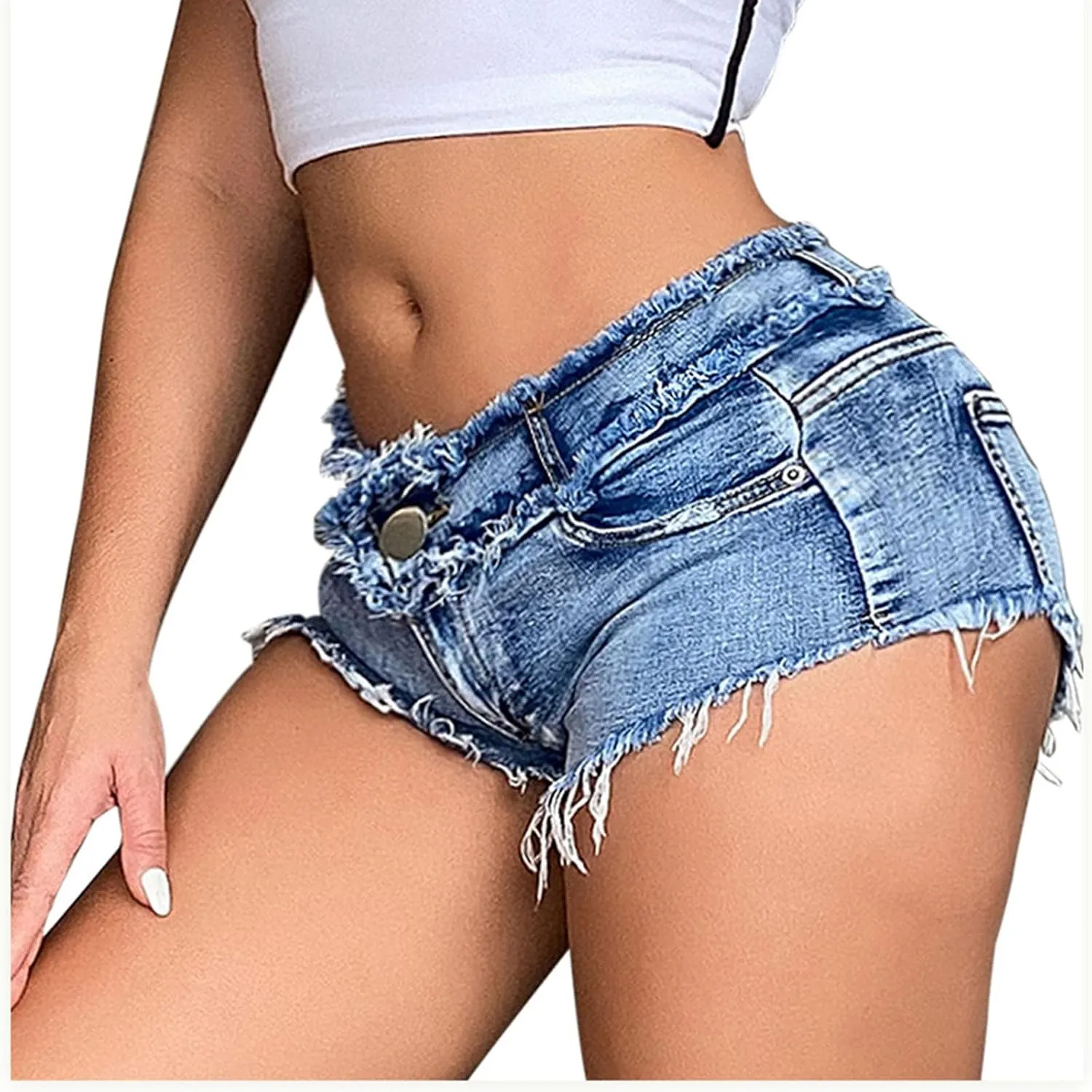Women's Low Rise Denim Shorts Sexy Cut Off Mini Hot Pants Lace Up Frayed Cheeky Booty Shorts Clubwear