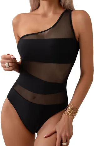 Women's one-Piece Swimsuit mesh Paneled one-Shoulder Sexy Tummy-Controlling Monokini