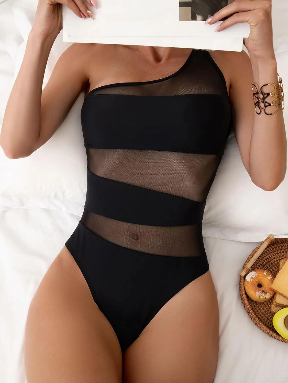 Women's one-Piece Swimsuit mesh Paneled one-Shoulder Sexy Tummy-Controlling Monokini