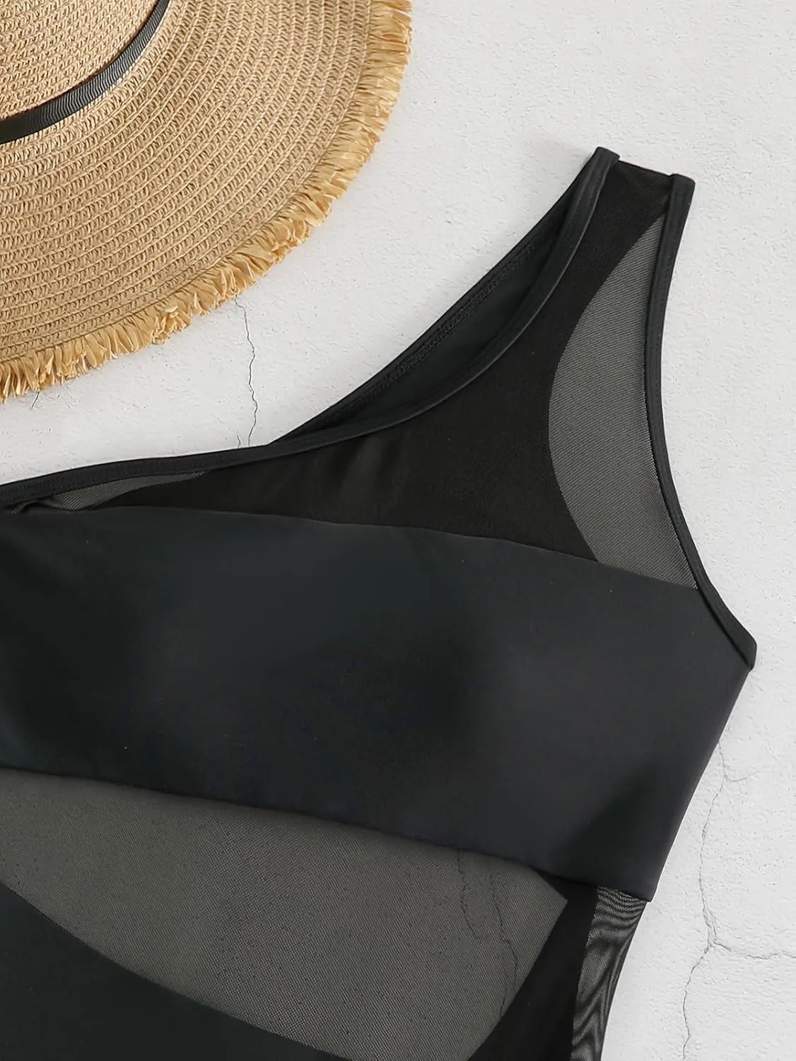 Women's one-Piece Swimsuit mesh Paneled one-Shoulder Sexy Tummy-Controlling Monokini