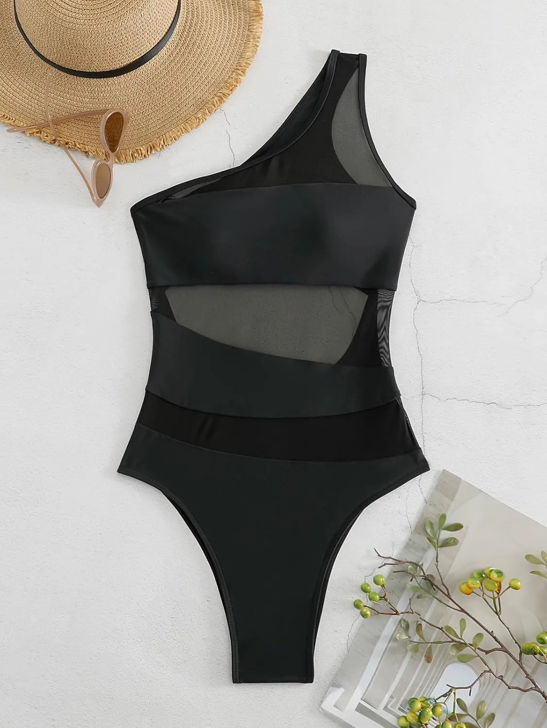 Women's one-Piece Swimsuit mesh Paneled one-Shoulder Sexy Tummy-Controlling Monokini