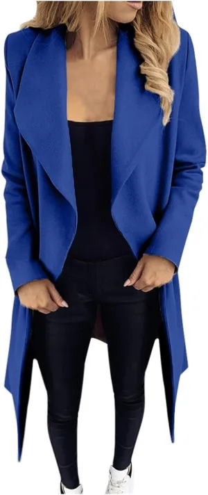 Women's Oversized Notched Collar Woolen Peacoat Trench Coat Casual Lapel Open Front Slim Fit Winter Blazer Cardigan Overcoat