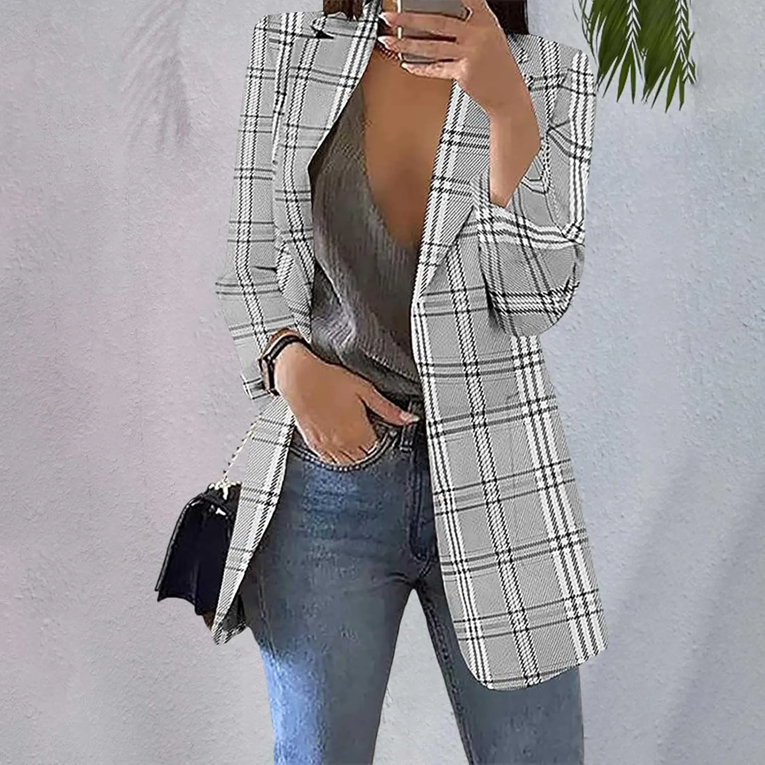 Womens Plaid Tweed Blazers Dressy Casual Open Front Long Sleeve Suit Jackets Vintage Print Tweed Longline Cardigans