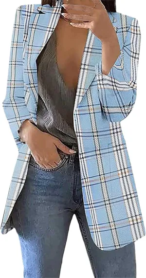Womens Plaid Tweed Blazers Dressy Casual Open Front Long Sleeve Suit Jackets Vintage Print Tweed Longline Cardigans