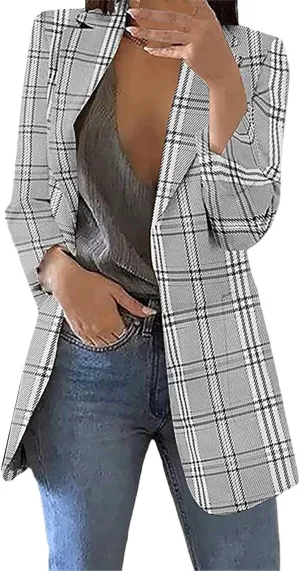 Womens Plaid Tweed Blazers Dressy Casual Open Front Long Sleeve Suit Jackets Vintage Print Tweed Longline Cardigans