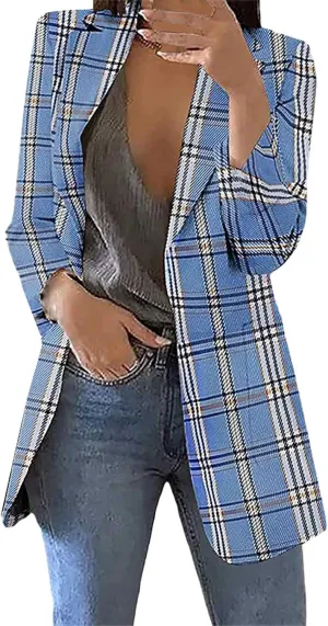Womens Plaid Tweed Blazers Dressy Casual Open Front Long Sleeve Suit Jackets Vintage Print Tweed Longline Cardigans
