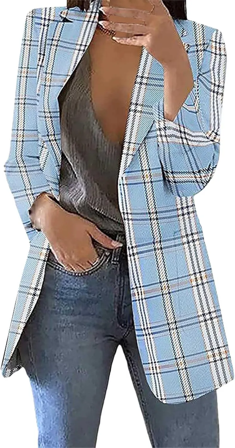 Womens Plaid Tweed Blazers Dressy Casual Open Front Long Sleeve Suit Jackets Vintage Print Tweed Longline Cardigans