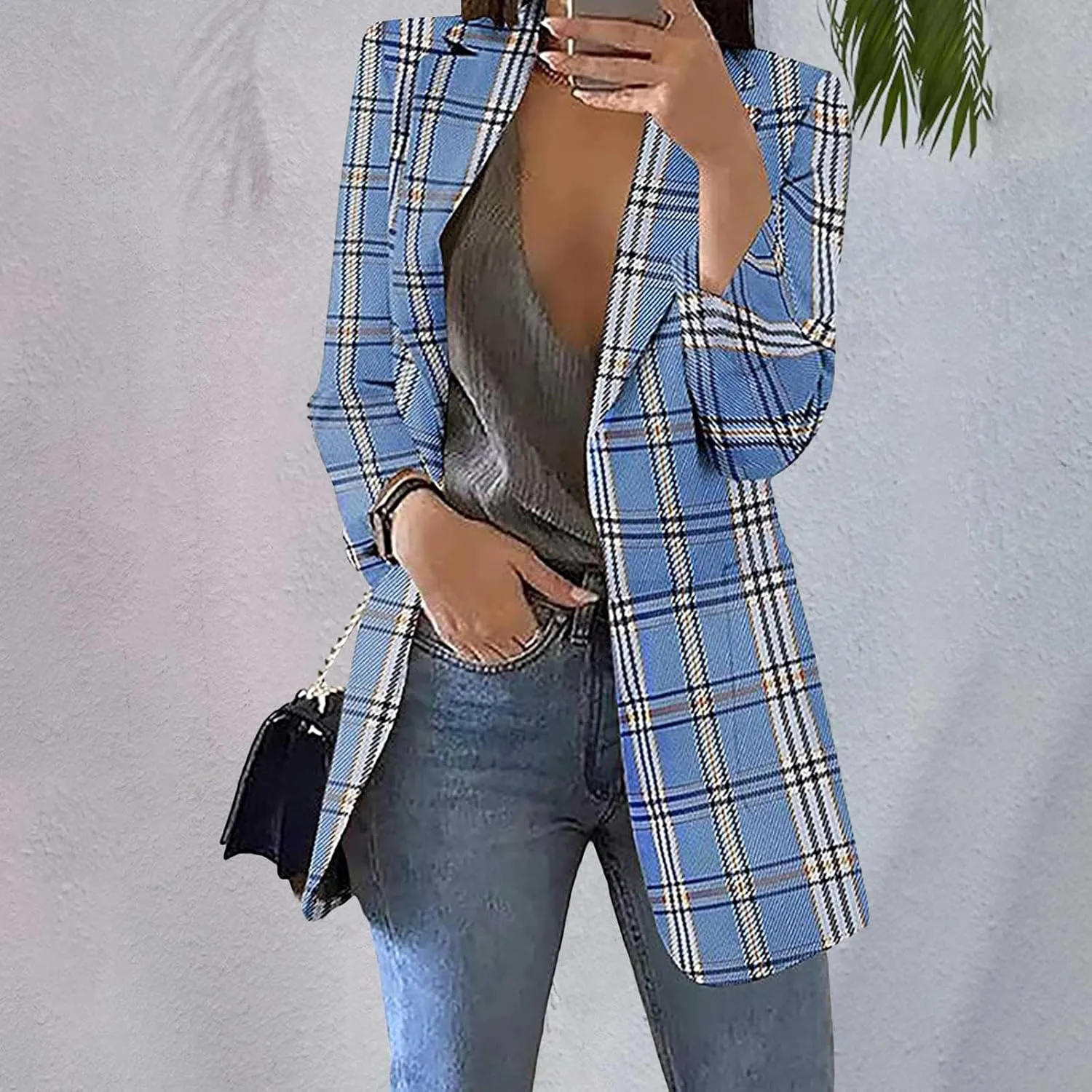 Womens Plaid Tweed Blazers Dressy Casual Open Front Long Sleeve Suit Jackets Vintage Print Tweed Longline Cardigans