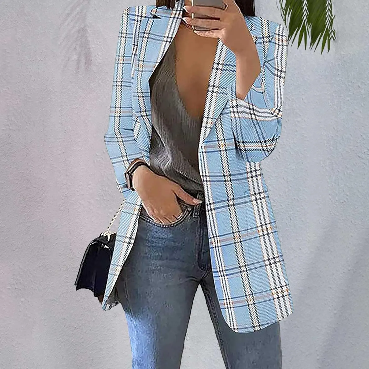 Womens Plaid Tweed Blazers Dressy Casual Open Front Long Sleeve Suit Jackets Vintage Print Tweed Longline Cardigans