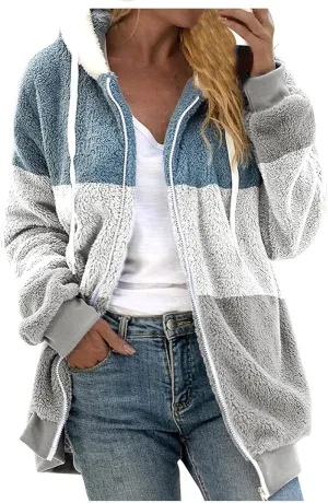 Women's Plus Size Winter Coats Loose Large Plush Multicolor Paneled Hooded Zip Jacket Coats