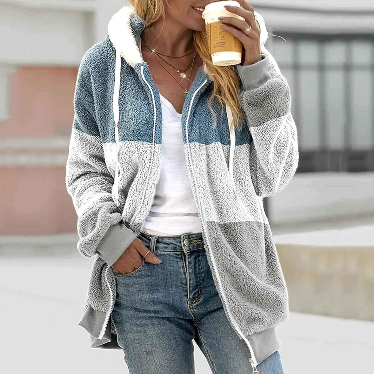 Women's Plus Size Winter Coats Loose Large Plush Multicolor Paneled Hooded Zip Jacket Coats