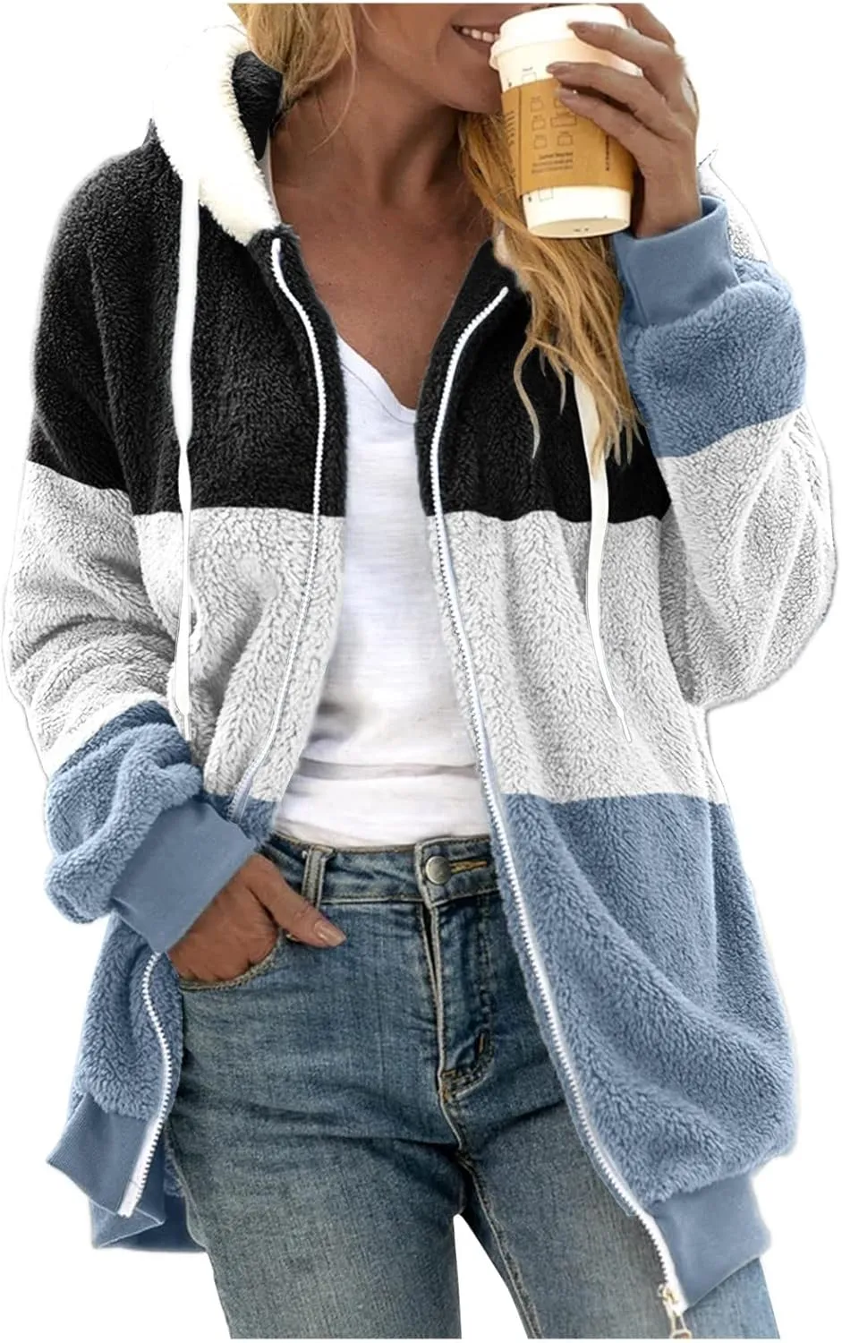 Women's Plus Size Winter Coats Loose Large Plush Multicolor Paneled Hooded Zip Jacket Coats