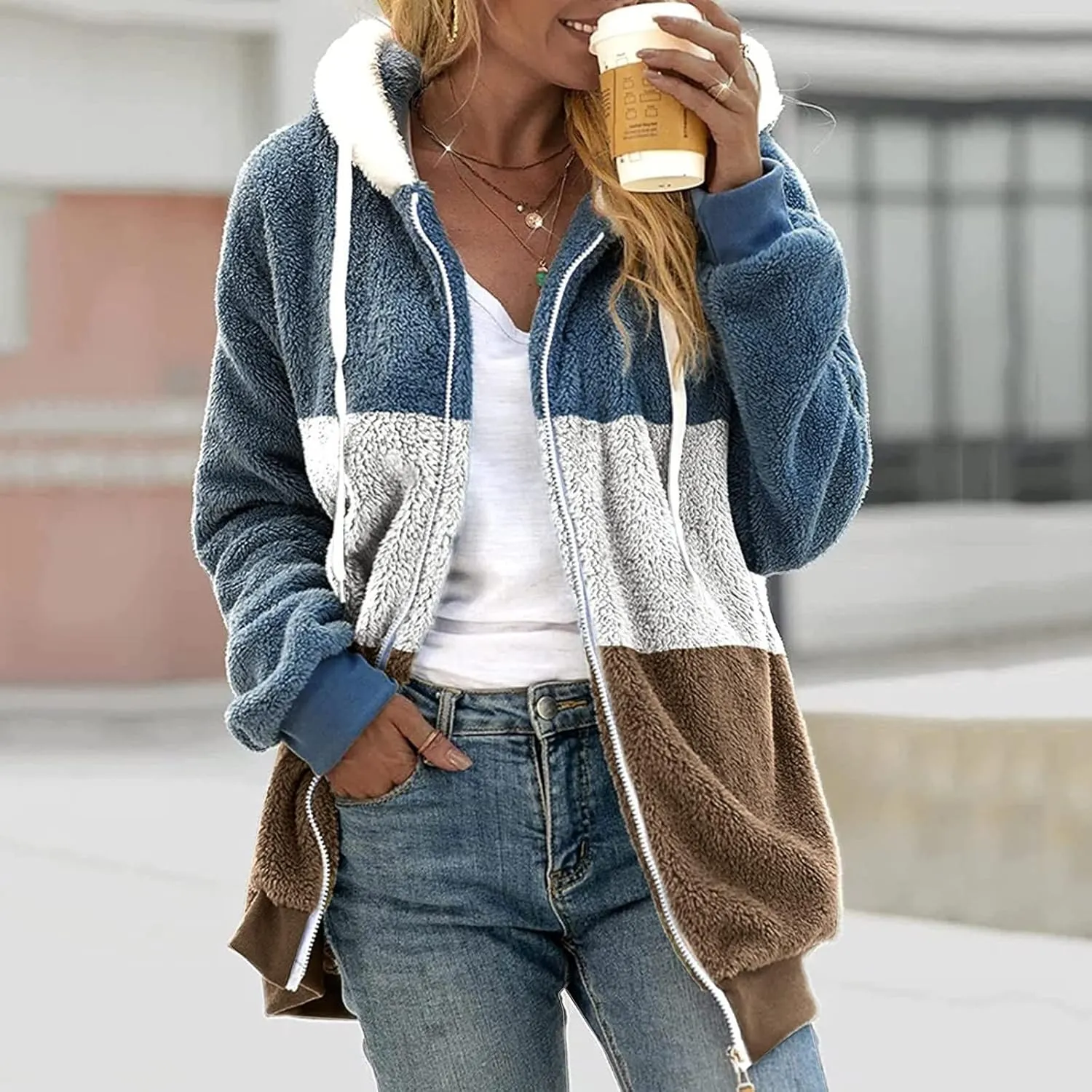 Women's Plus Size Winter Coats Loose Large Plush Multicolor Paneled Hooded Zip Jacket Coats