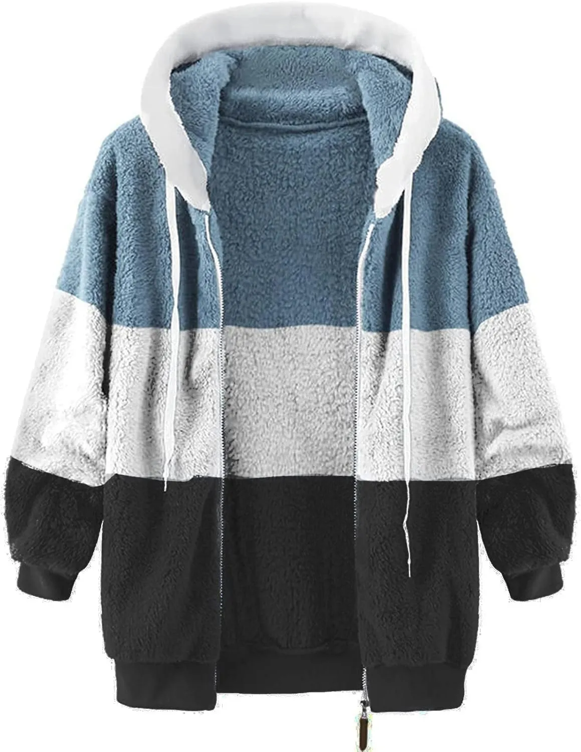 Women's Plus Size Winter Coats Loose Large Plush Multicolor Paneled Hooded Zip Jacket Coats