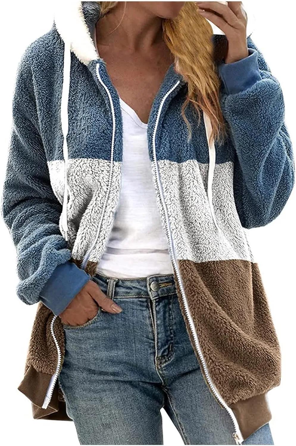 Women's Plus Size Winter Coats Loose Large Plush Multicolor Paneled Hooded Zip Jacket Coats