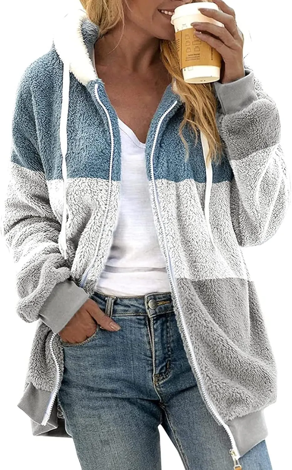 Women's Plus Size Winter Coats Loose Large Plush Multicolor Paneled Hooded Zip Jacket Coats
