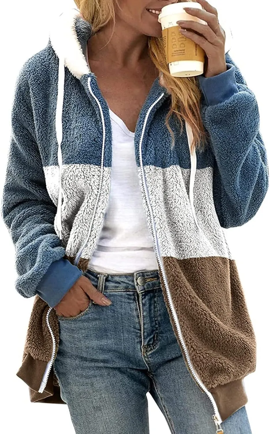 Women's Plus Size Winter Coats Loose Large Plush Multicolor Paneled Hooded Zip Jacket Coats