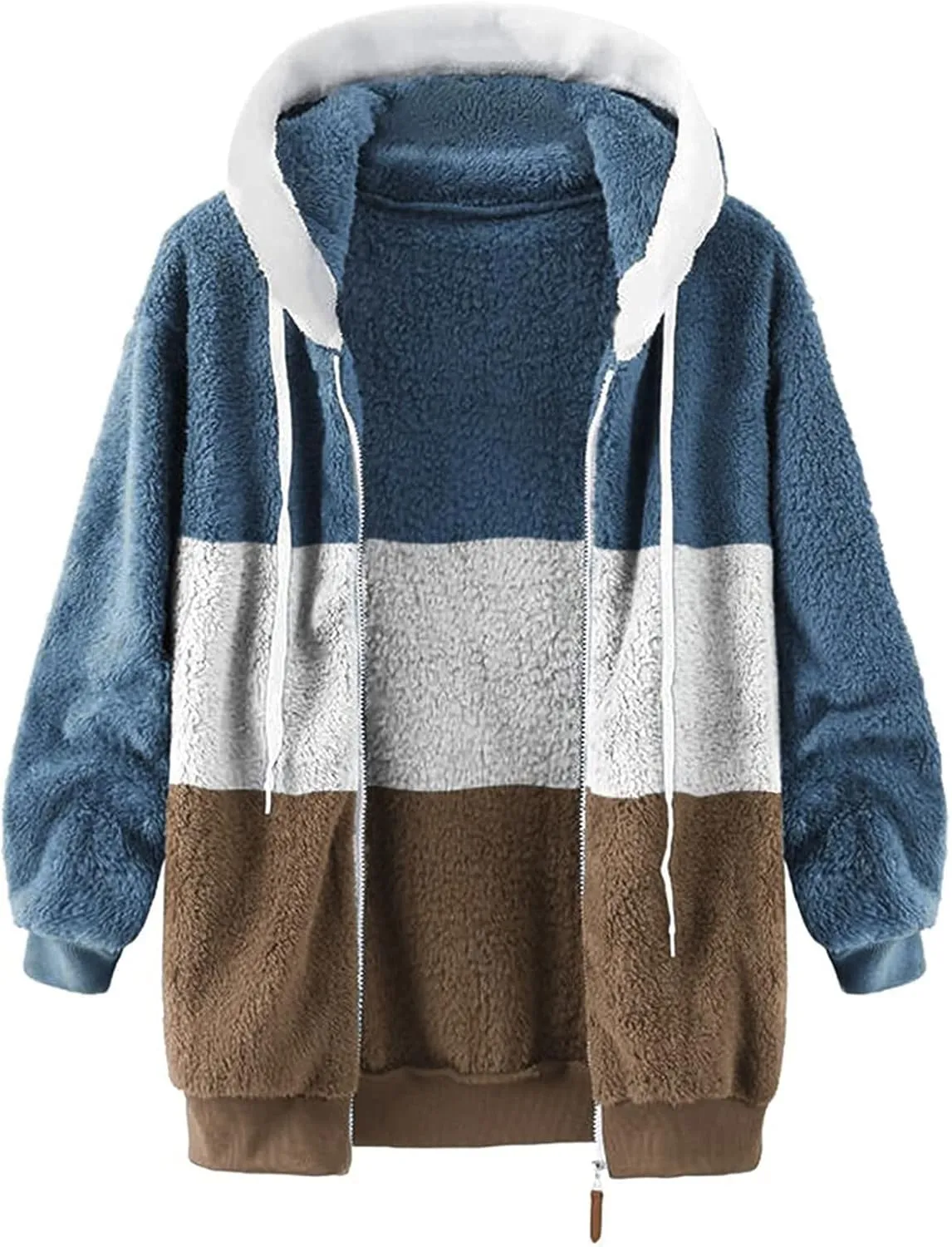 Women's Plus Size Winter Coats Loose Large Plush Multicolor Paneled Hooded Zip Jacket Coats
