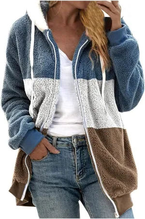 Women's Plus Size Winter Coats Loose Large Plush Multicolor Paneled Hooded Zip Jacket Coats