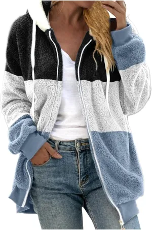 Women's Plus Size Winter Coats Loose Large Plush Multicolor Paneled Hooded Zip Jacket Coats