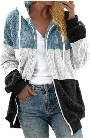 Women's Plus Size Winter Coats Loose Large Plush Multicolor Paneled Hooded Zip Jacket Coats