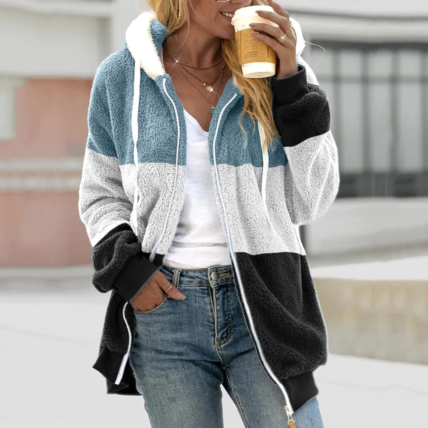 Women's Plus Size Winter Coats Loose Large Plush Multicolor Paneled Hooded Zip Jacket Coats