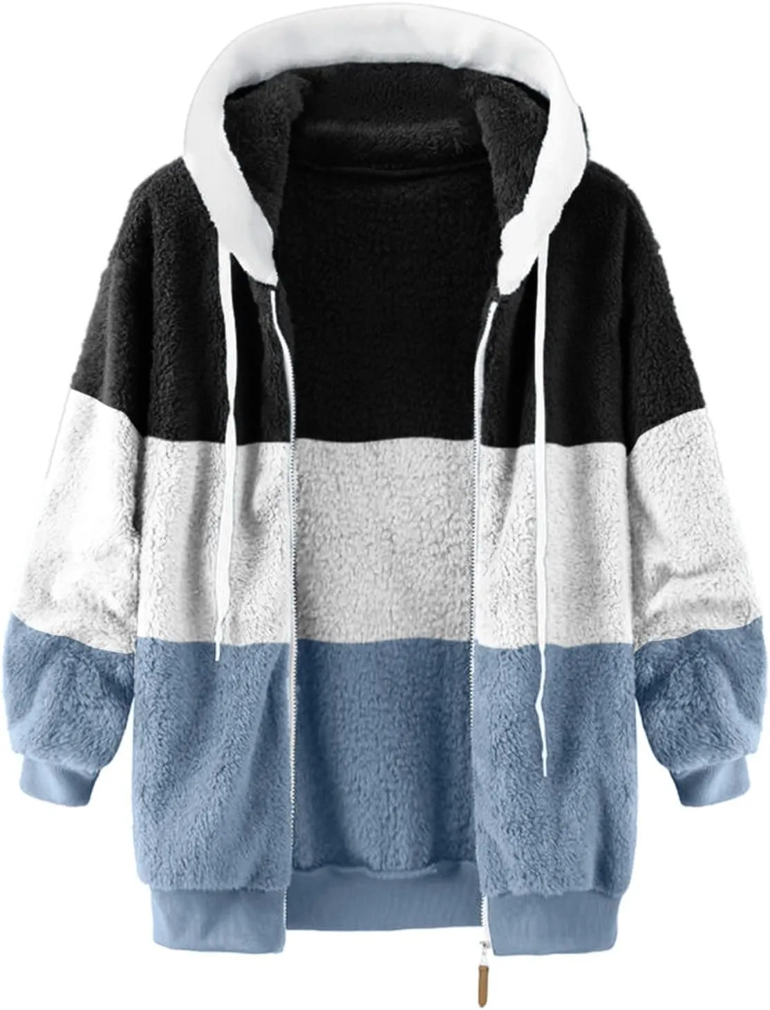 Women's Plus Size Winter Coats Loose Large Plush Multicolor Paneled Hooded Zip Jacket Coats