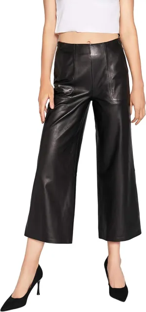 Women's Real Leather Pants High Waist Leather Wide Leg Pants Black SmartUniverseWear