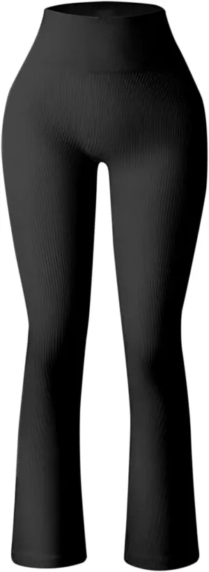 Women's Ribbed Yoga Pants Seamless Workout High Waisted Bell Bottoms Flare Leggings Tummy Control Athletic Yoga Leggings