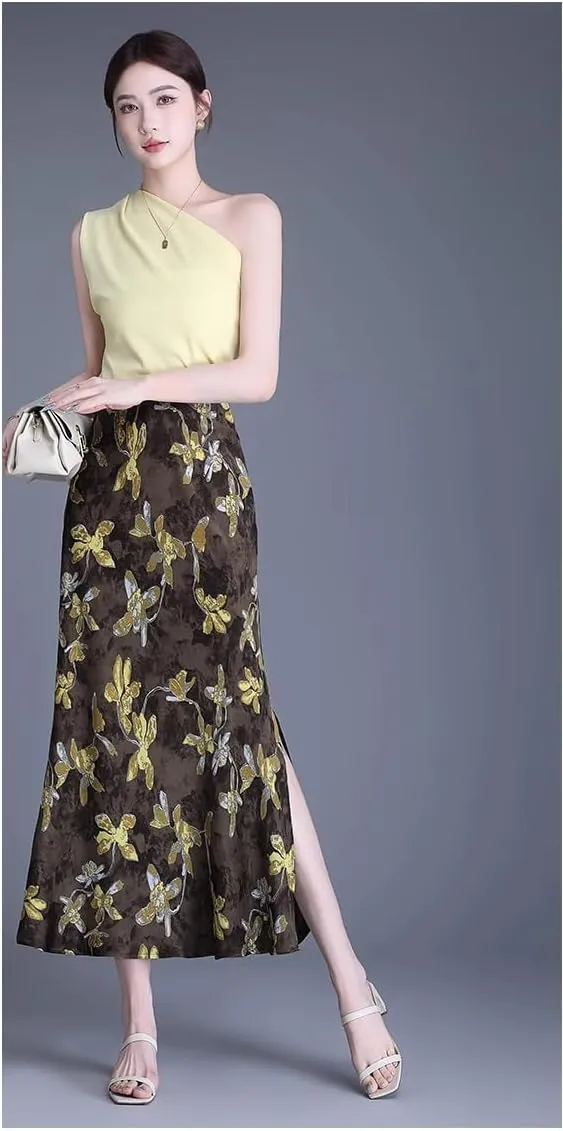 Women's Skirt Spring Gold Satin Tail Skirts for Women